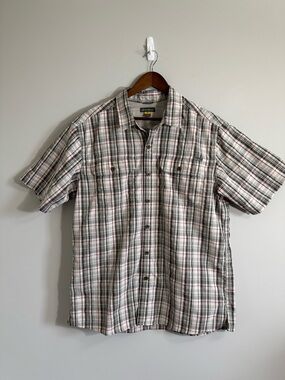 Eddie Bauer Short-Sleeve Plaid Button-Down Shirt - White/Gray/Brown